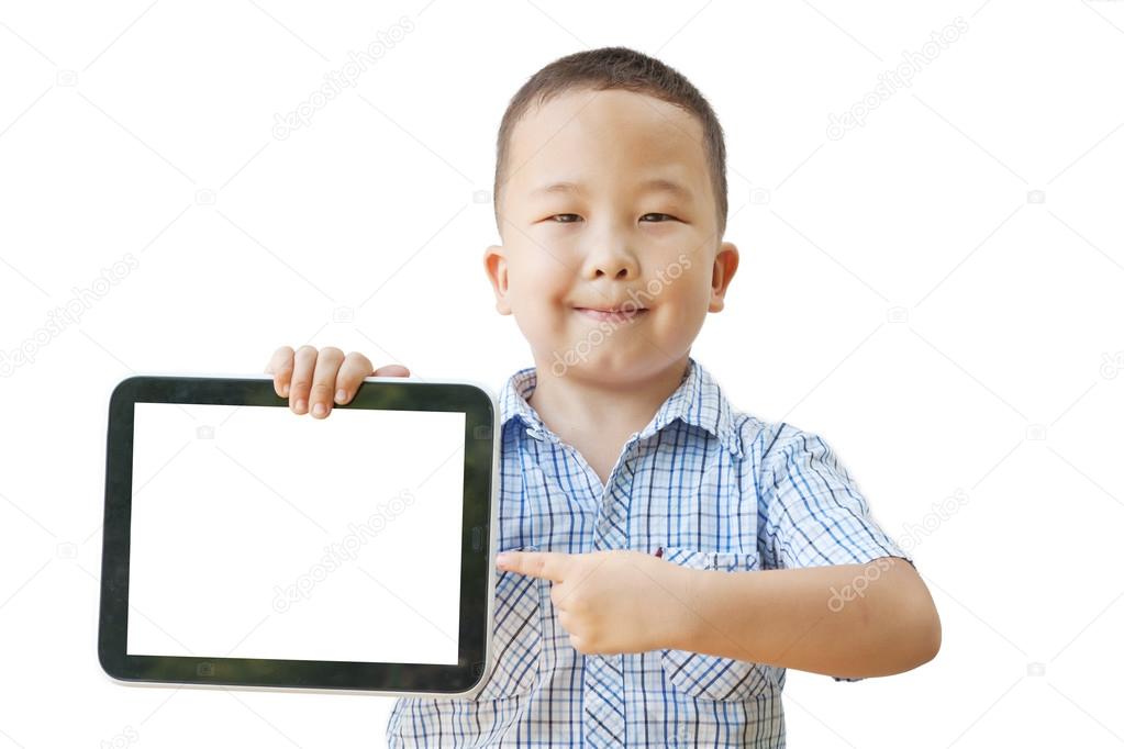Asian boy 6 years with tablet computer, isolated on white backgr