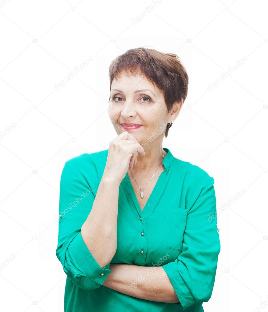 attractive emotional woman 50 years old, isolated on white backg