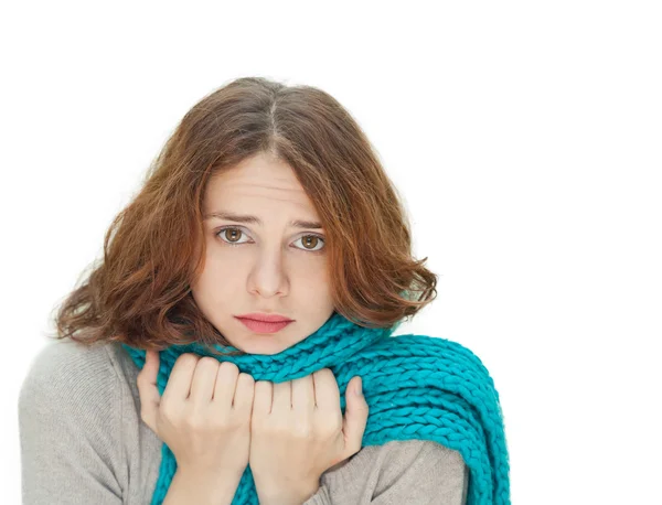 Young woman in blue scarf is sick cold — Stock Photo, Image