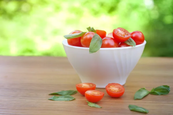 Cherry rajčaty, bazalkou a mozzarelou sýrem na talíři — Stock fotografie