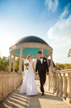 Gelin ve damat mavi gökyüzü arka plan üzerinde elele