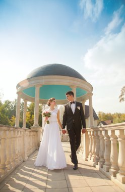 Gelin ve damat mavi gökyüzü arka plan üzerinde elele