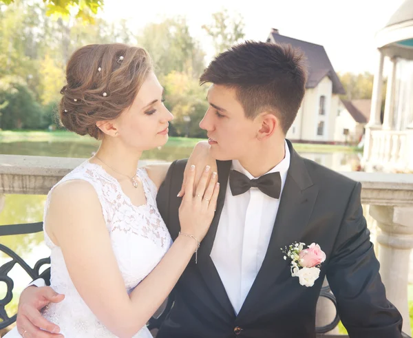 Aantrekkelijke bruid en bruidegom, bruiloft dag — Stockfoto