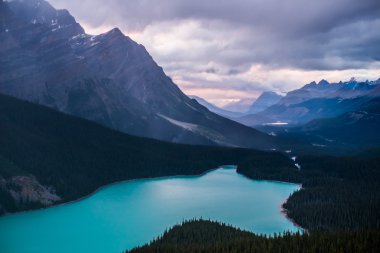 Bir bulutlu gün batımı sırasında Peyto Gölü