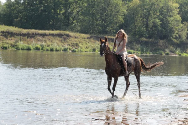 Blond jeźdźca na koniu — Zdjęcie stockowe