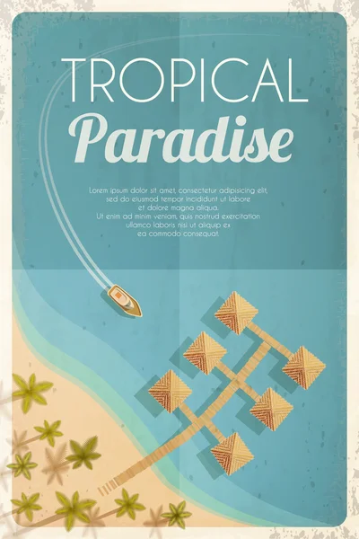 Summer retro beach background with palms and bungalows. Vector illustration, eps10. — Stock Vector