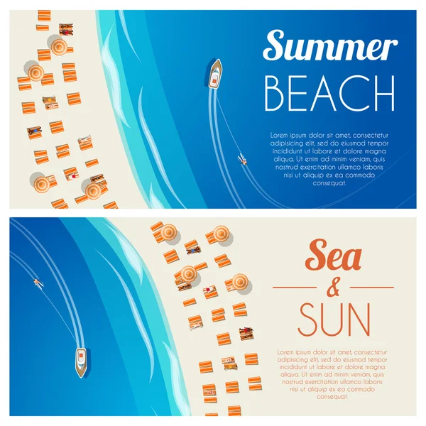 Zonnige zomer strand horizontale banners met strandstoelen en mensen. Vectorillustratie, eps10. — Stockvector