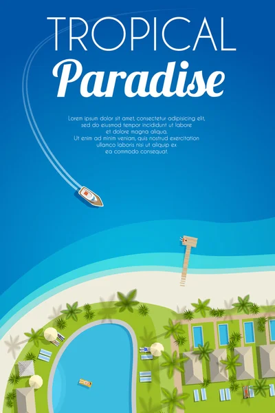Sfondo estivo soleggiato con hotel tropicale e motoscafo. Illustrazione vettoriale, eps10 . — Vettoriale Stock
