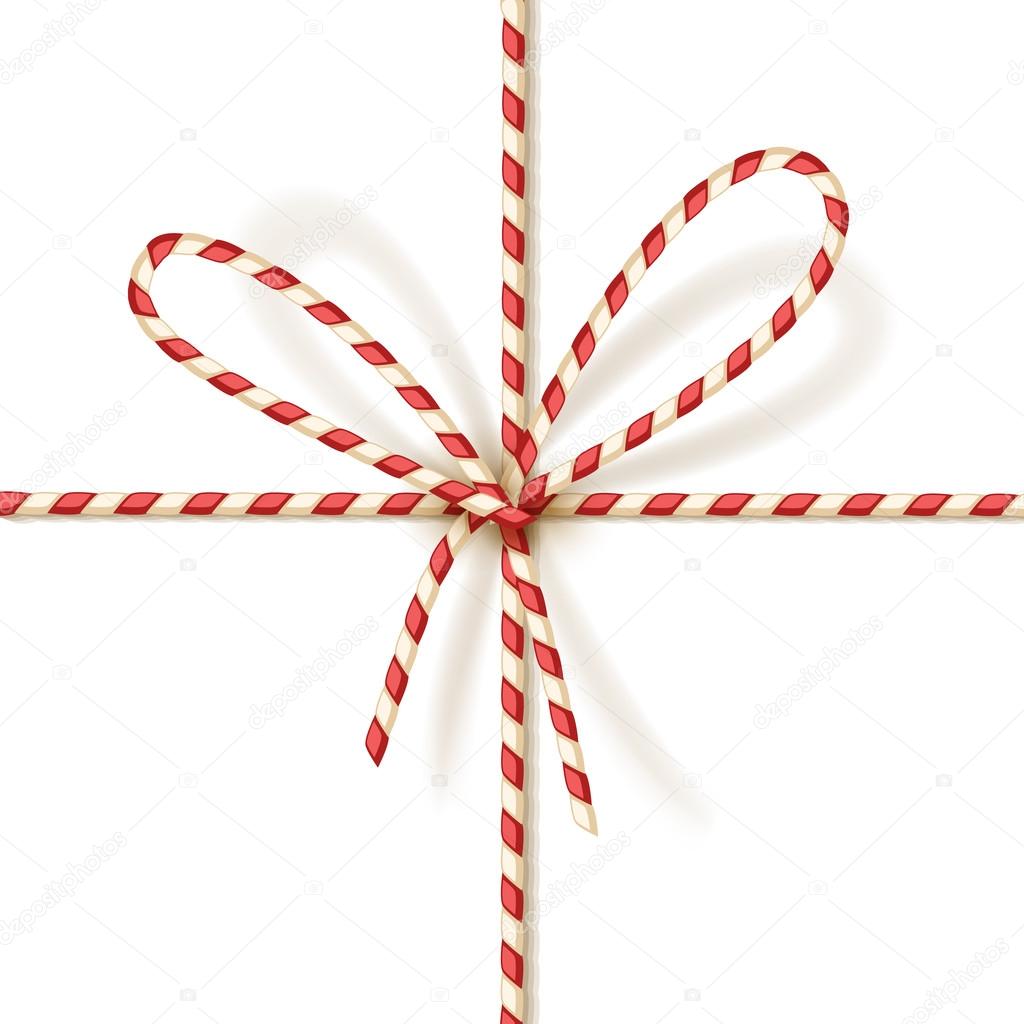Christmas gift tying bowknot of red and white twisted cord. Vector
