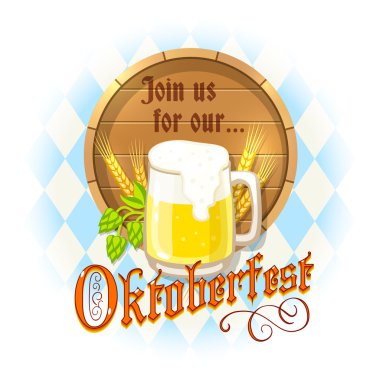 Oktoberfest tasarım kupa bira, ahşap varil, arpa ile sivri ve mavi ve Beyaz elmas arka plan üzerinde şerbetçiotu. Vektör çizim.