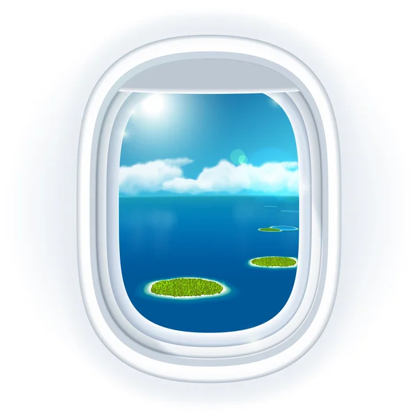 Realistic aircraft porthole window with blue sea or ocean in it and small tropical islands, view through travelling over the sea. Vector illustration, isolated on white. — Stock Vector
