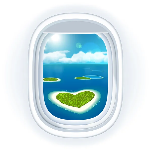 Realistic aircraft porthole with blue sea or ocean in it and small tropical islands, one island is heart-shaped, view through travelling over the sea. Vector illustration, isolated on white. — Stock Vector