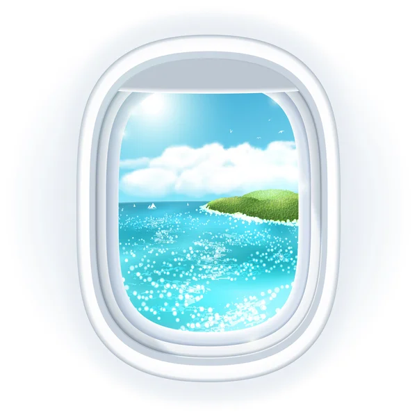 Realistic aircraft porthole window with bright sea or ocean in it and tropical island, view through travelling over the sea. Vector illustration, isolated on white. — Stock Vector