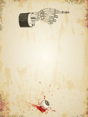 Halloween grungy poster template with skeleton hand and bloody eyeball, vintage styled. clipart