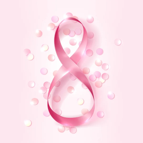 3 月 8 日，国际妇女节这一天。图八做成粉红色丝带着五彩纸屑. — 图库矢量图片