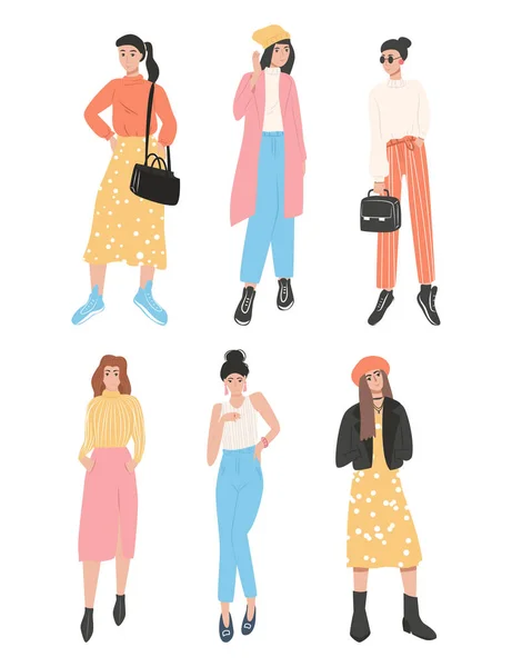 Conjunto de personas en ropa de moda. Las mujeres que llevan monederos ilustración de dibujos animados plana. — Vector de stock