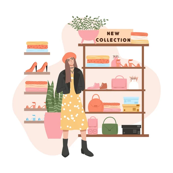 Design de cartão de loja comercial. Mulher em roupas da moda, prateleiras com sapatos vetor plana desenho animado ilustração. —  Vetores de Stock