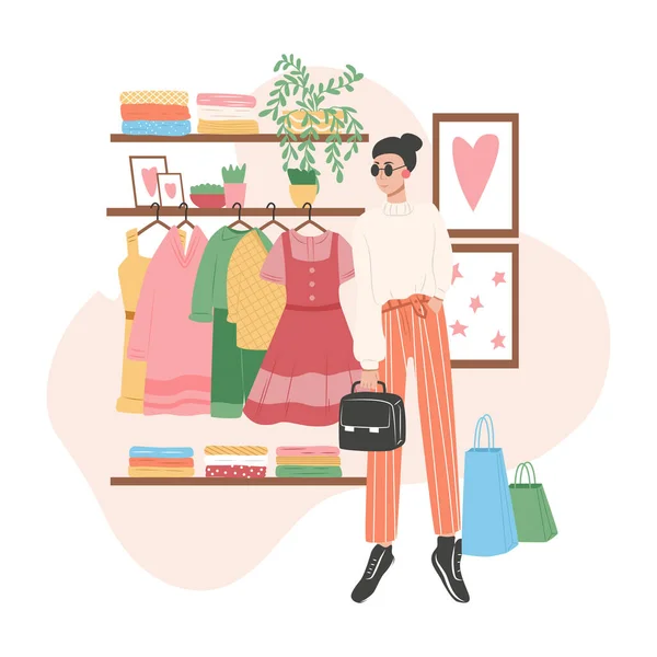 Shopping store card design. Woman in fashionable clothes, textile, and accessorizes vector cartoon illustration. — Stock Vector