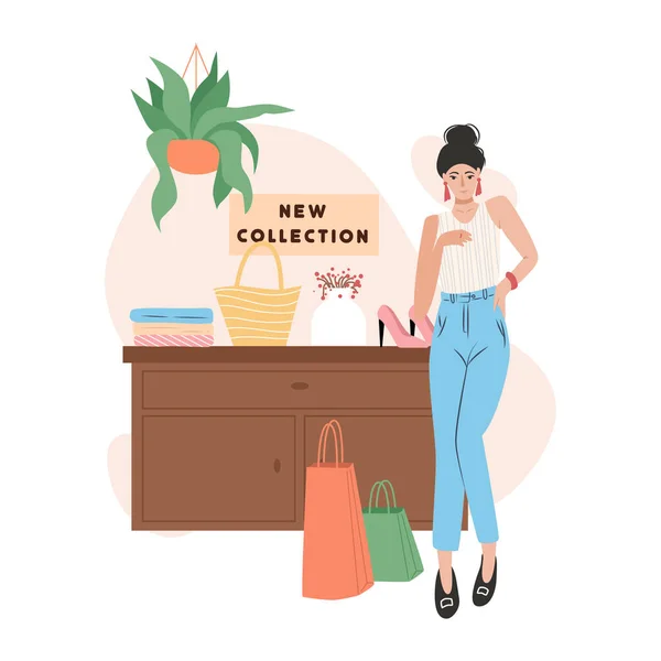 Woman standing near counter with pirses and textile vector cartoon illustration. Wardrobe store, seasonal sale template. — Stock Vector