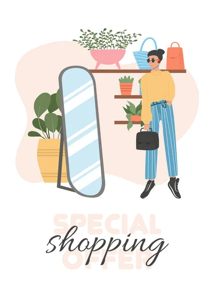 Shopping store card design. Woman in fashionable clothes, shelves with plants and purses vector flat cartoon illustration. — Stock Vector