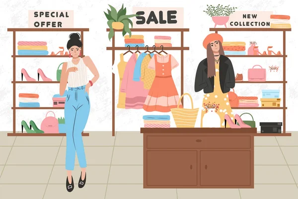 Interior da loja de moda com personagens femininos vetor plana desenho animado ilustração. —  Vetores de Stock