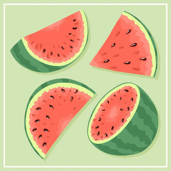 Frische und reife Wassermelonen Vektor handgezeichnete Illustration. Wassermelonenscheiben, Illustration von Sommernahrung. — Stockvektor