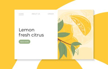 Taze desenli limon meyveleri ve yapraklı vektör el çizimi iniş sayfası tasarımı.