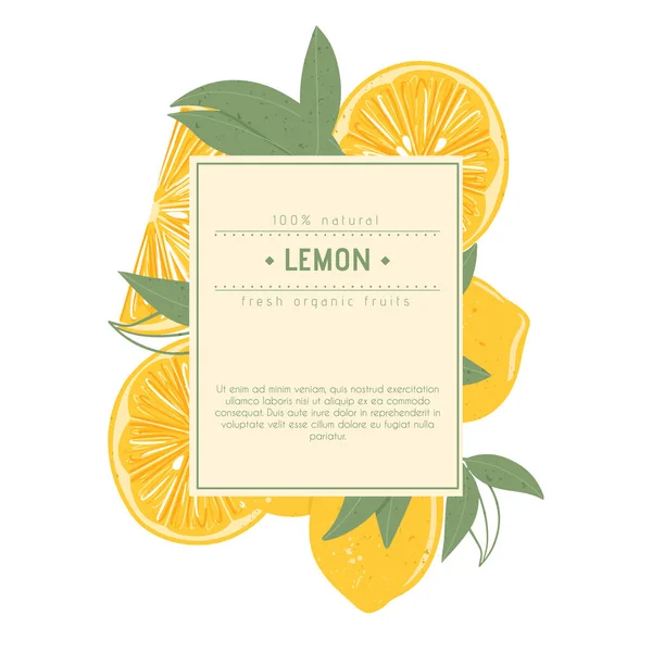 Frutas de limão texturizadas frescas no ramo com folhas vetor desenho da etiqueta desenhada à mão com texto. — Vetor de Stock