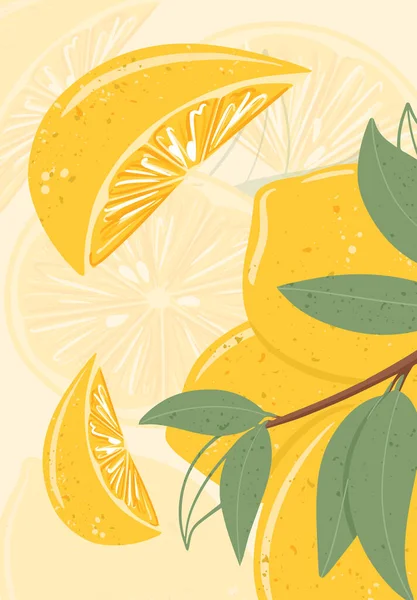 나뭇잎 벡터 손으로 그린 카드 디자인이 있는 가지 위에 신선하게 질긴 레몬 열매. — 스톡 벡터