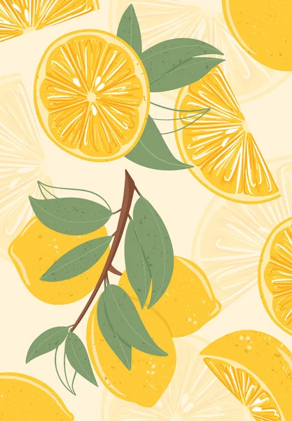 Свежие текстурированные лимонные фрукты на ветке с векторным рисунком карты. — стоковый вектор