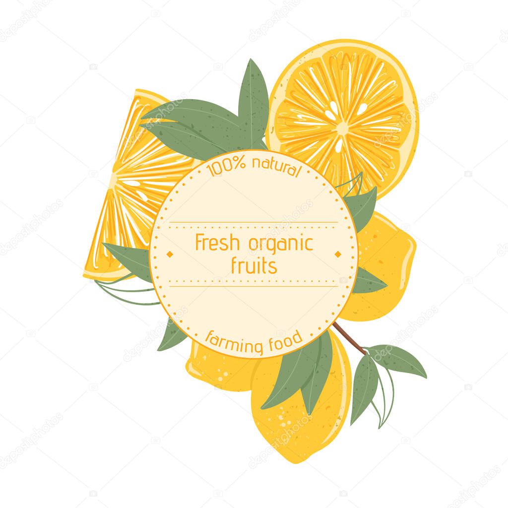 Fresh textured lemon fruits on branch with leaves vector hand drawn label design with text. Lemonade, vitamin c, tasty and juicy fruits logotype design.