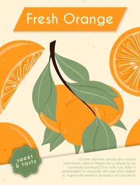 Taze desenli portakal meyveleri ve yapraklı el yapımı kart tasarımı..