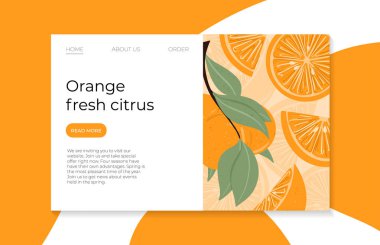 Taze desenli portakal meyveleri ve yapraklı vektör el çizimi iniş sayfası tasarımı.