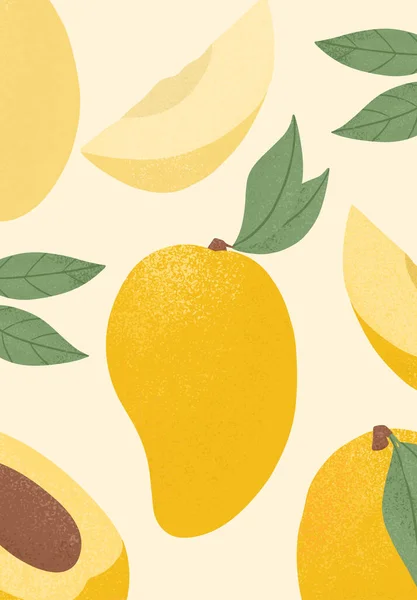 Спелые манго с листьями. Сладкий манго фрукты векторные руки нарисовал дизайн карты. Манго с листом. — стоковый вектор