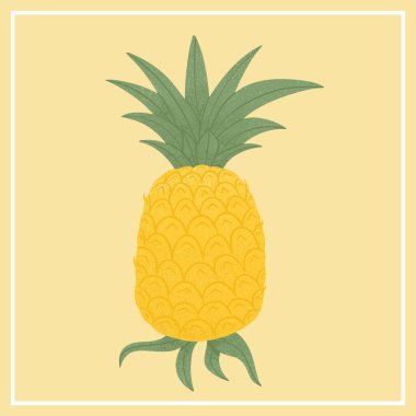 Yapraklı olgun ananas. Sarı arkaplana ananas meyveli el çizimi. Parlak, lezzetli tropikal meyve. Meyve suyu ya da reçel logosu.