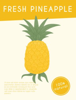 Yaprak desenli olgun ananas. Tatlı ananas meyveli el çizimi poster tasarımı. Parlak, lezzetli tropikal meyve. Meyve suyu veya reçel pankartı ögesi.