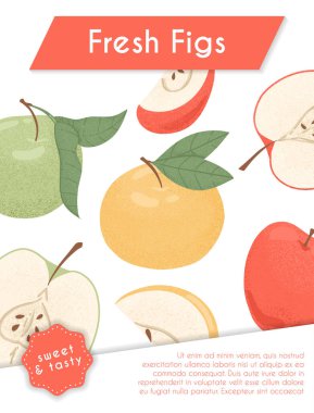 Olgun taze elma kartı tasarımı. Tatlı elma meyvesi vektör el pankart çizimi. Parlak lezzetli meyveler..