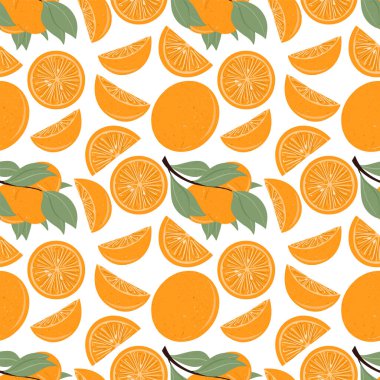 Taze desenli turuncu dikişsiz vektör el çizimi. Portakal dilimleri, yarım dilim portakal. Limonata, C vitamini, lezzetli ve sulu meyve arka planı.