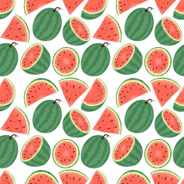 Taze ve olgun karpuz taşıyıcı el kusursuz desen çizmiş. Karpuz dilimleri, meyve dükkanı tasarımı için yaz yemeği çizimleri. Dilimlenmiş meyve.