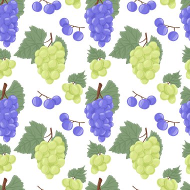 Şarap üzümleri, masa üzümleri vektör el çizimi kusursuz desen. Yapraklı taze meyveler. Saplı ve yapraklı mor ve yeşil üzümler. Lokanta veya kafe tasarımı için sulu yaz meyveleri.