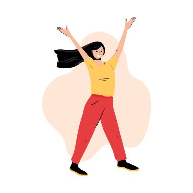 Mutlu gülümseyen kadın gündelik giysiler içinde yükselen eller vektör düz çizgi film çizimi ile ayakta duruyor..