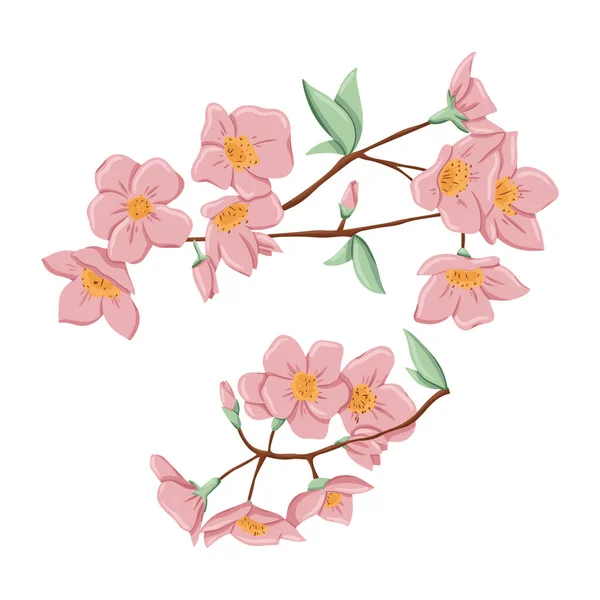 Φρέσκα ροζ λουλούδια στο κλαδί με φύλλα. Διάνυσμα ζωγραφισμένα στο χέρι απεικόνιση των λουλουδιών άνοιξη. — Διανυσματικό Αρχείο