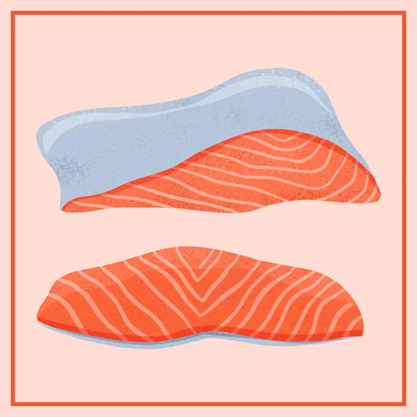 Verse smakelijke zalm vis filets vector hand getekend illustratie geïsoleerd op rode achtergrond. — Stockvector
