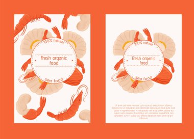 Taze deniz ürünleri, deniz tarağı, ton balığı bifteği ve karides vektör eli yazı için boşluk ile pankart konsepti.