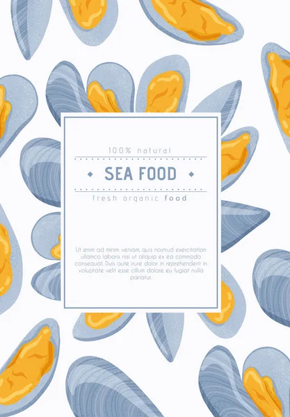 Fruits de mer frais savoureux palourdes, coquillages dans les coquillages vecteur dessin à la main affiche design avec espace de texte. — Image vectorielle