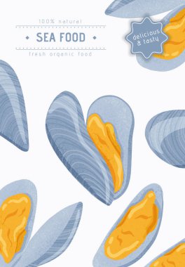Lezzetli deniz ürünleri midyeleri, deniz kabuğu kabuklu deniz ürünleri vektör el çizimi poster tasarımı metin alanı.