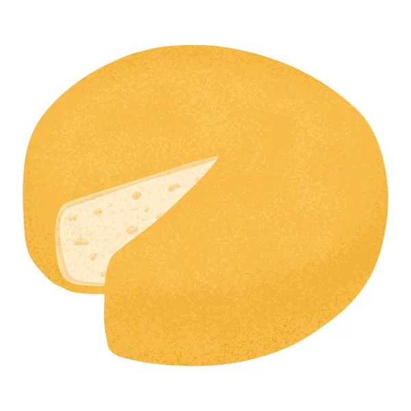 Roda redonda de queijo suíço com corte peça vetorial ilustração plana. Cheddar ou Maasdam alimentos frescos e saborosos. — Vetor de Stock