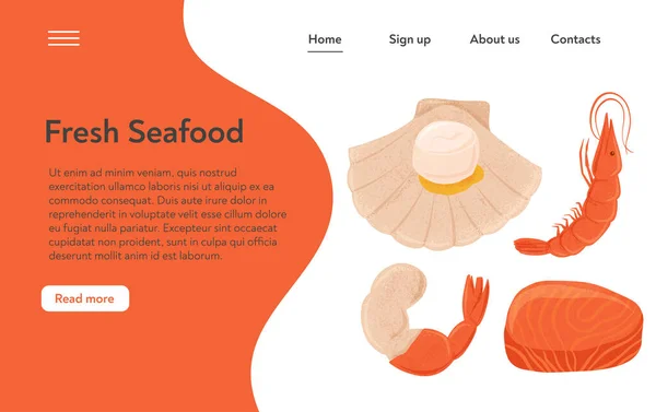 新鲜美味的海鲜扇贝，金枪鱼牛排和虾类向量手绘登陆页概念，带有文字空间. — 图库矢量图片