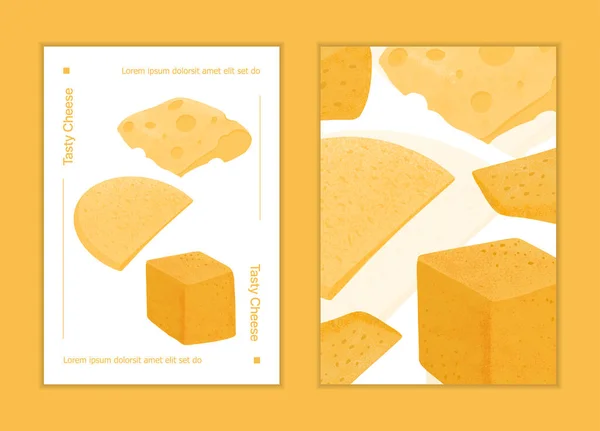 Swiss or French cheese vector flat poster concept. Gouda, Parmesan, Brie, Roquefort or Maasdam cheese. — Image vectorielle