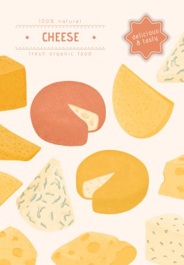 Swiss or French cheese vector flat poster concept. Gouda, Parmesan, Brie, Roquefort or Maasdam cheese.